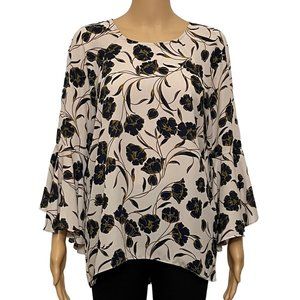 Lauren Conrad LC  blouse Open Back M Bell Sleeves Business Dark Black Flowers